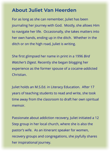 About Juliet Van Heerden For as long as she can remember, Juliet has been journaling her journey with God.  Mostly, she allows Him to navigate her life.  Occasionally, she takes matters into her own hands, ending up in the ditch.  Whether in the ditch or on the high road, Juliet is writing.  She first glimpsed her name in print in a 1996 Bird Watcher’s Digest. Recently she began blogging her experience as the former spouse of a cocaine-addicted Christian.  Juliet holds an M.S.Ed. in Literacy Education.  After 17 years of teaching students to read and write, she took time away from the classroom to draft her own spiritual memoir.  Passionate about addiction recovery, Juliet initiated a 12 Step group in her local church, where she is also the pastor’s wife.  As an itinerant speaker for women, recovery groups and congregations, she joyfully shares her inspirational journey.